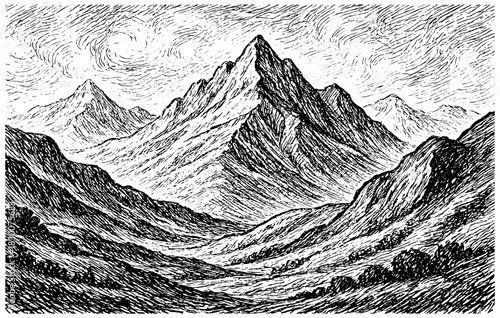 Vintage Engraving Mountain Landscape Illustration, Detailed Nature Scene, Classic Line Art Wilderness Clipart