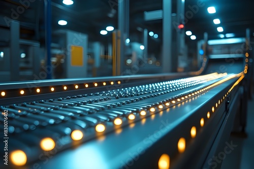 Modern conveyor system with illuminated rollers in a dark industrial interior
