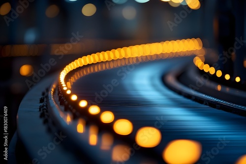 Curved conveyor track with glowing orange lights in dimly lit facility