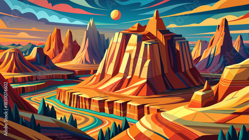 Very beautiful stylized artistic rendering of Badlands cliffs and layered rock formations with bold colors and clean lines, creating a vibrant graphic interpretation of the dramatic landscape.