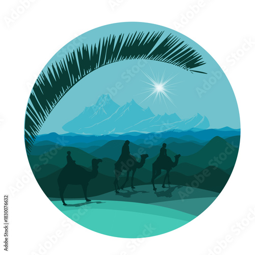 Happy epiphany day design in a circle. Three wise men on camel, bright star, nativity of Jesus. hand drawing. Not AI, Vector illustrations.