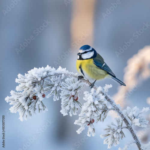 A blue and yellow bird is perched on a branch covered in snow. Concept of tranquility and peacefulness, as the bird is surrounded by the serene winter landscape