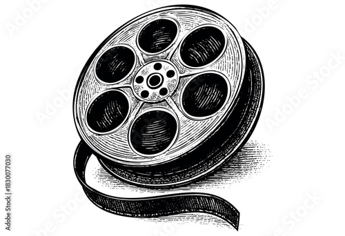 Detailed vintage engraving illustration of a classic film reel — stock vector.
