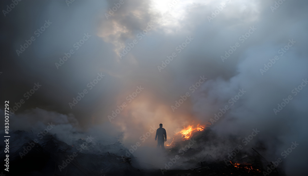 Fototapeta premium A person stands near a fire, surrounded by smoke