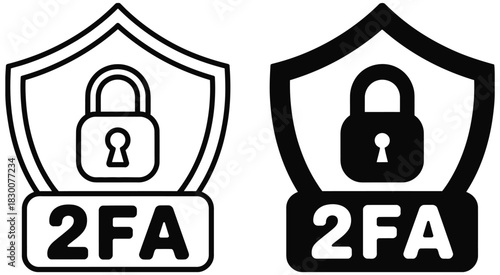 Two factor authentication icons, black and white vector illustration, padlock and shield symbols, method of increasing account security, concept of password and data protection, secure login graphics,