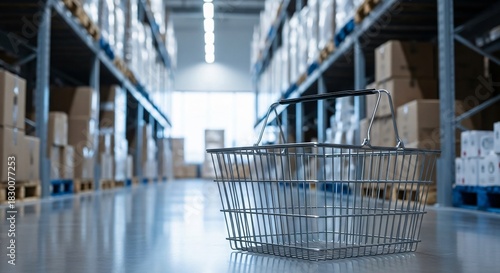 A shopping cart is in a warehouse with many boxes. The cart is empty. The warehouse is very large and has many boxes stacked on shelves