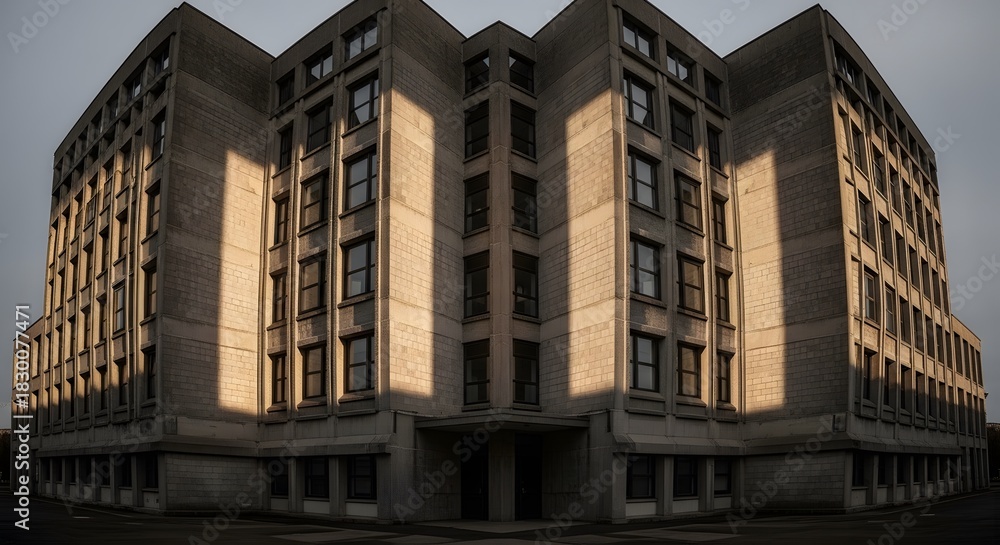 Fototapeta premium Unique Brutalist architecture building facade with sunlight