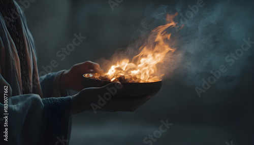 A person holding a bowl of burning food, often used for dramatic or intense scenes