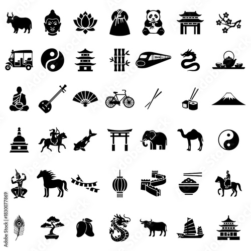 Collection of Asia Culture Icons Symbols, Architecture, and Traditions