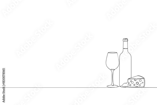 Bottle of wine with wineglass and grape bunch in continuous line art drawing style. Minimalist black linear sketch isolated on white background.