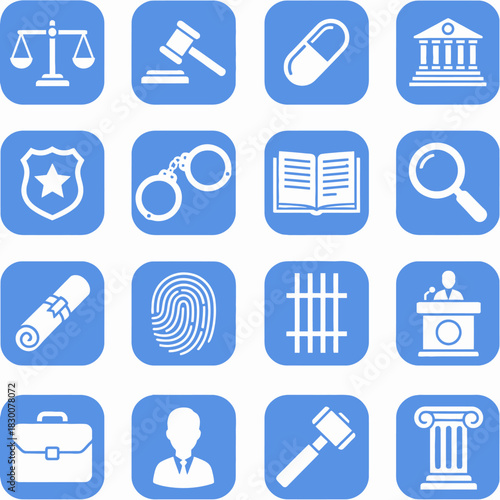 Collection of various law and justice related icons on a blue background.