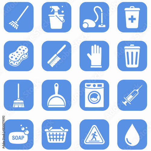 A grid of blue squares with white icons representing various cleaning tools and household chores.