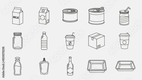 Collection of Recyclable Packaging and Containers Line Art.
