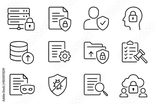 Data storage flat icon set. Including cloud computing, encrypted data, hosting, cloud storage, server racks, and monitoring. Perfect for IT dashboards, apps, websites, and cybersecurity platforms.