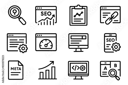 SEO and Digital Marketing solid icon set. Contains symbols for Keywords, Backlinks, Data Analytics, and PPC. Flat vector design for website ranking and marketing strategy.