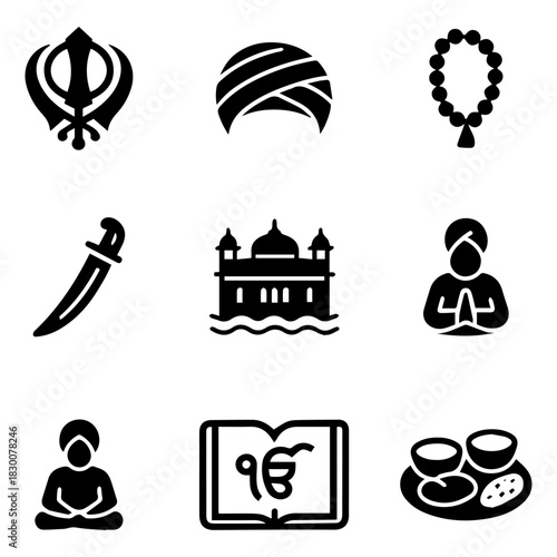 set of outline symbols representing Sikh religion, culture, history, and traditions, including Khanda, Gurdwara, Turban, Kirpan, and other elements.