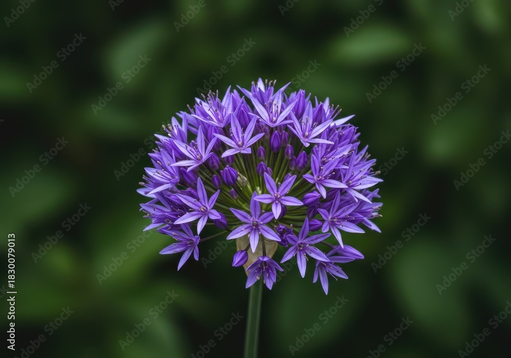 Obraz premium A cluster of perfectly spherical violet blooms displays symmetry and vibrant color against soft green foliage in natural light, cluster, outdoor, stem
