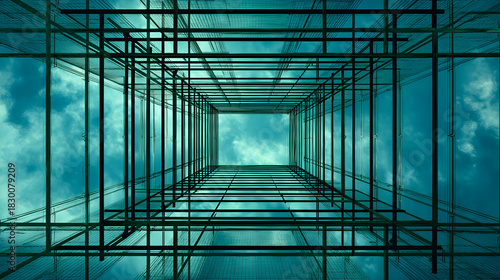 Looking up through a modern architectural structure towards a dramatic sky