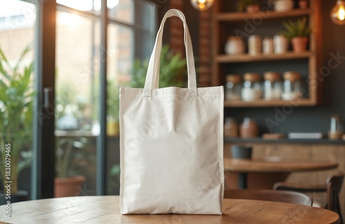 Wallpaper Mural Blank white tote bag stands on wooden table. Inside modern coffee shop with bright natural light. Empty canvas bag ready for custom design logo. Clean mockup promotes eco friendly choices. Torontodigital.ca