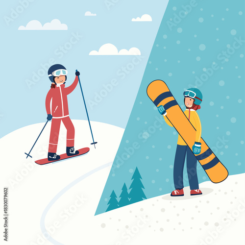 Un esquiador y un snowboarder están separados visualmente por una diagonal, mostrando su equipamiento en medio de un paisaje nevado y montañoso.
