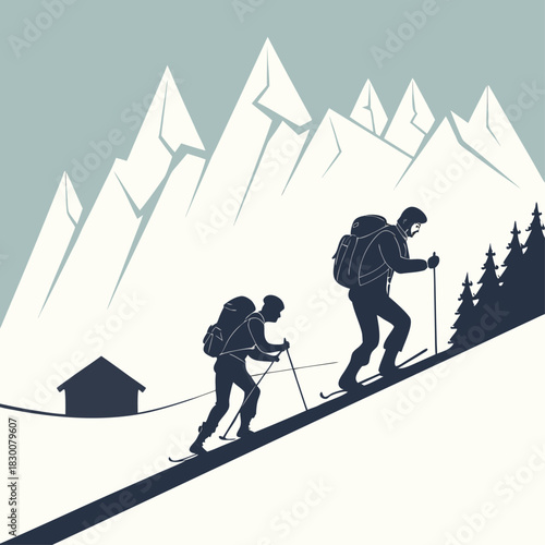 Dos esquiadores suben una pendiente nevada con mochilas y bastones, rodeados de árboles altos y montañas rocosas al fondo.
