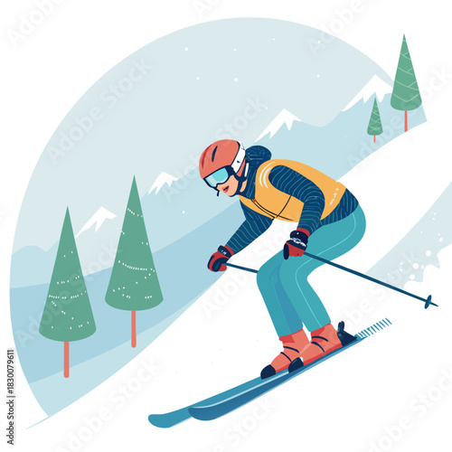 Un esquiador equipado con casco y gafas desciende rápidamente por una pendiente entre árboles y montañas nevadas al fondo.
