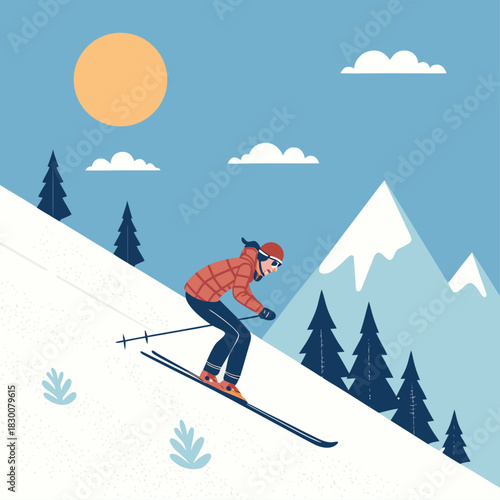 Una esquiadora con ropa de invierno baja una pendiente nevada rodeada de pinos, con el sol y montañas al fondo en un día claro.
