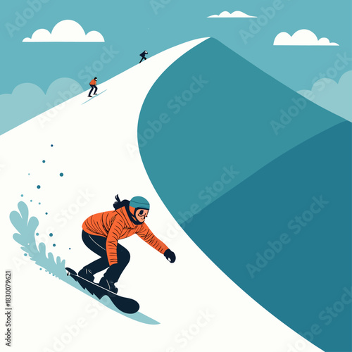 Un snowboarder en primer plano desciende por una colina nevada mientras otros esquiadores se ven en el fondo bajo un cielo azul con nubes.
