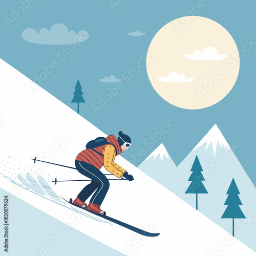 Un esquiador baja una ladera blanca mientras el sol brillante ilumina el cielo detrás de montañas y árboles en un día despejado.
