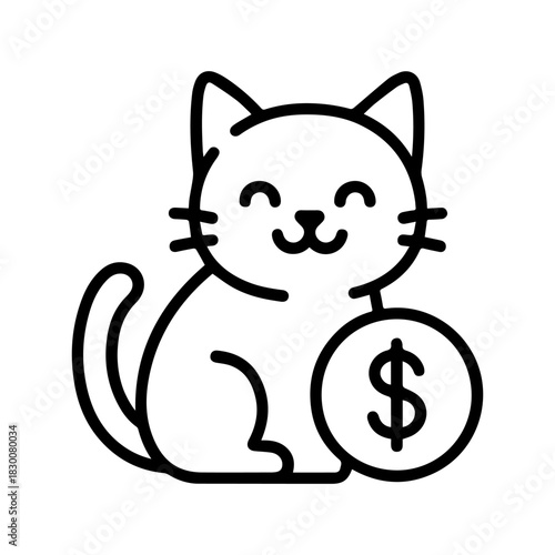 Cat with a coin vector line icon on a white background Vector line icon on a white background