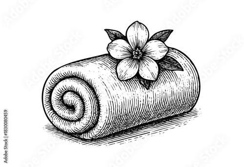 Detailed vintage engraving illustration of a rolled towel with flower — stock vector.