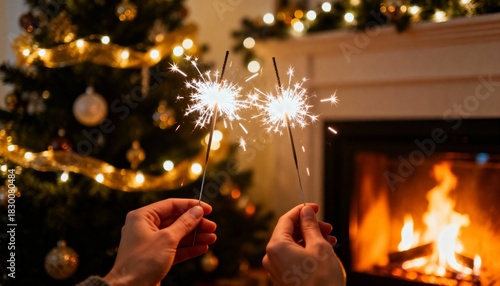 A sparkler burns against the backdrop of a Christmas tree and fireplace.