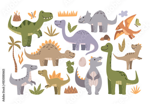 Charming dinosaur prehistoric creatures characters different species set surrounded natural elements