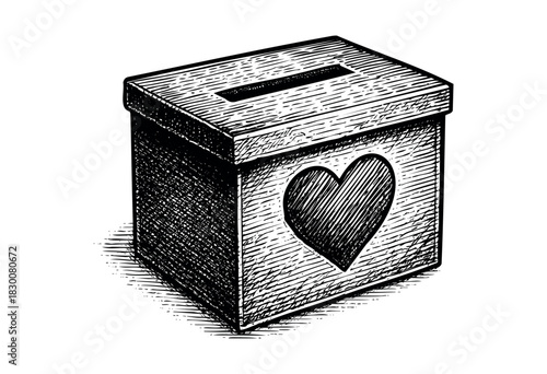 Detailed vintage engraving illustration of a wooden donation box with heart — stock vector.