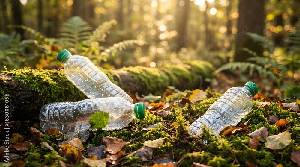 Fototapeta premium Plastic Waste Littering the Forest Floor, Environmental Pollution and Conservation Awareness
