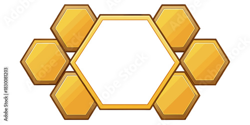 Honeycombs set with decorative honey cell frames, cartoon bees, and hexagonal backgrounds for design.