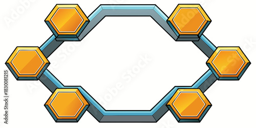 Futuristic hexagonal frame element with bright yellow cells connected by a stylized blue-gray metallic border.