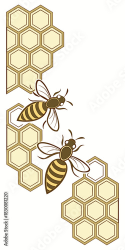Two simple cartoon-style bees flying near an asymmetrical arrangement of light beige honeycomb hexagonal cells.