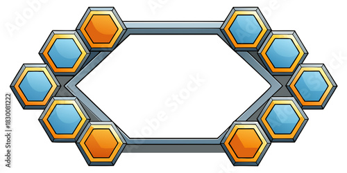 Horizontal futuristic frame design with interconnected hexagonal cells in orange and blue, bordered by a dark metallic structure.