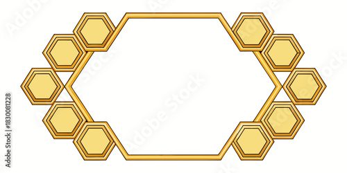 Elegant vector border and frame element made of golden honeycomb cells with a blank hexagonal center.