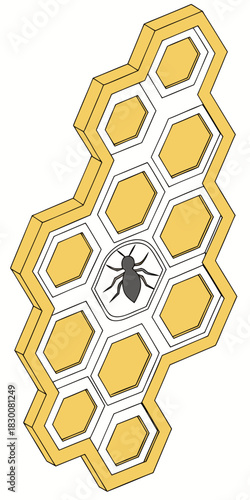 Vertical vector element of honeycomb structure with a stylized insect silhouette inside a central cell.