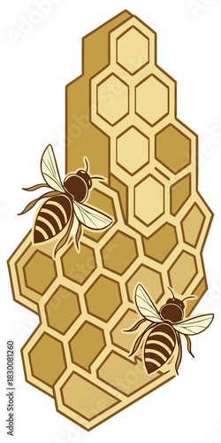 Isometric illustration of two bees flying near a three-dimensional vertical golden honeycomb structure.