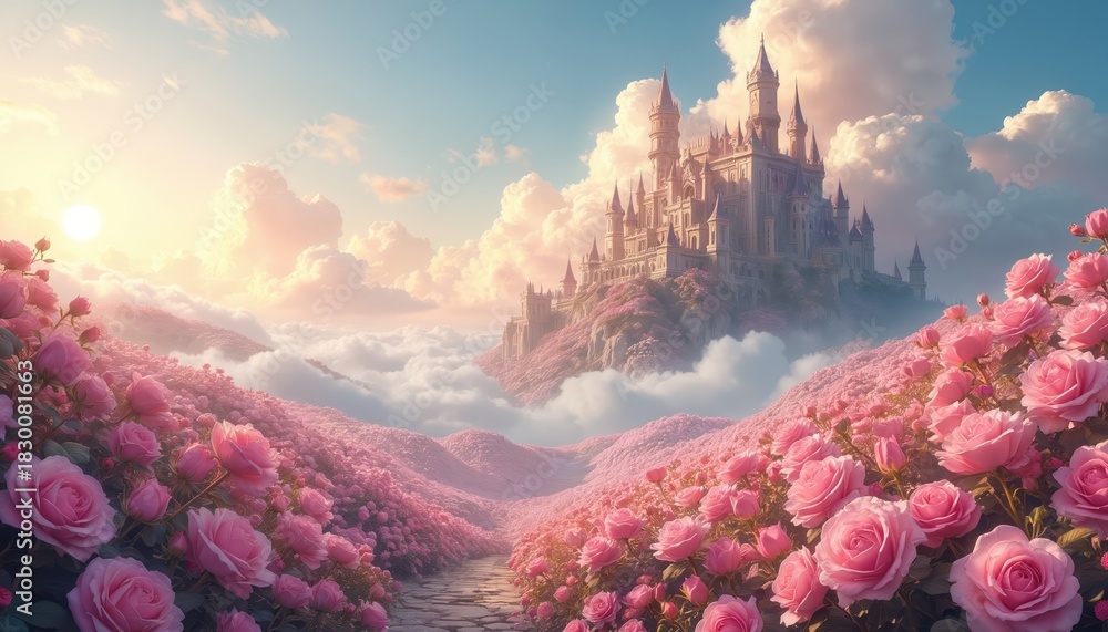 Fototapeta premium Fantasy castle sits on hill covered in pink roses and clouds below blue sky. Sun shines bright over scenic landscape with blooming flowers. Fairytale architecture rises above mist.