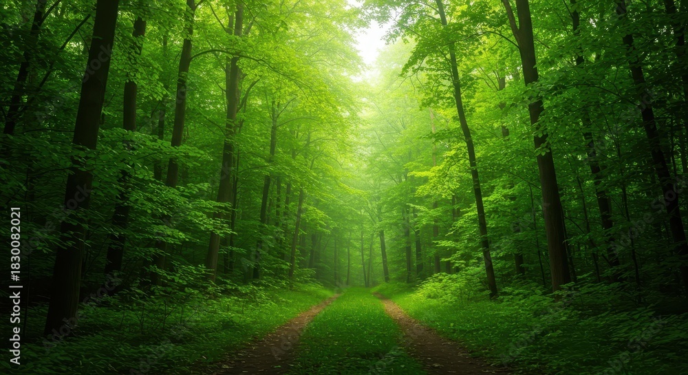 Fototapeta premium Peaceful, lush emerald forest scene representing deep tranquility and escape. Dreamlike green natural background texture suitable for fantasy, healing, plants, woods