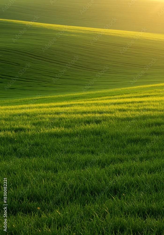 Fototapeta premium Soft golden light illuminates vast rolling slopes of vibrant green grass, creating an atmosphere of deep quietude and natural harmony ,calm ,warm light ,rural