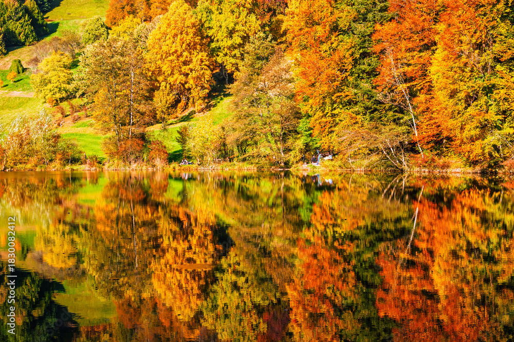Fototapeta premium Reflet d’automne vibrant : l’effet miroir des couleurs en mouvement