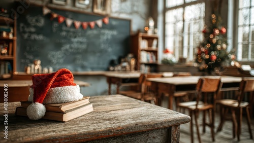 Santa hat on school desk in decorated classroom
