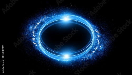 Blue Energy Ring Glowing Softly In Darkness Clean Circular Halo With Bright Sparkling Particles Frame Isolated On Black Background A Cosmic Element Perfect For Magical Design