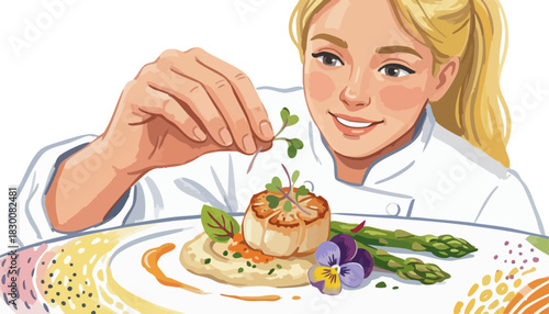 Chef's touch. Plating perfection. Culinary artistry professionalism. Fine dining detail presentation. Focused female chef expertly applying the final, delicate garnish to meticulously plated dish