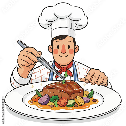 Cartoon chef plating. Mascot chef garnish. Steak presentation. Professional cook with tongs. Friendly fine dining. Friendly, smiling cartoon male chef meticulously plating gourmet meal. 